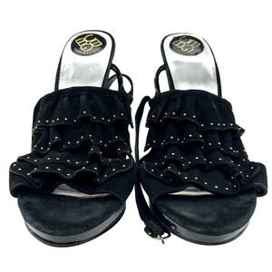BCBGeneration Black Suede‎ Ruffle Studded Heels Ankle Strap Party Shoes Size 8.5